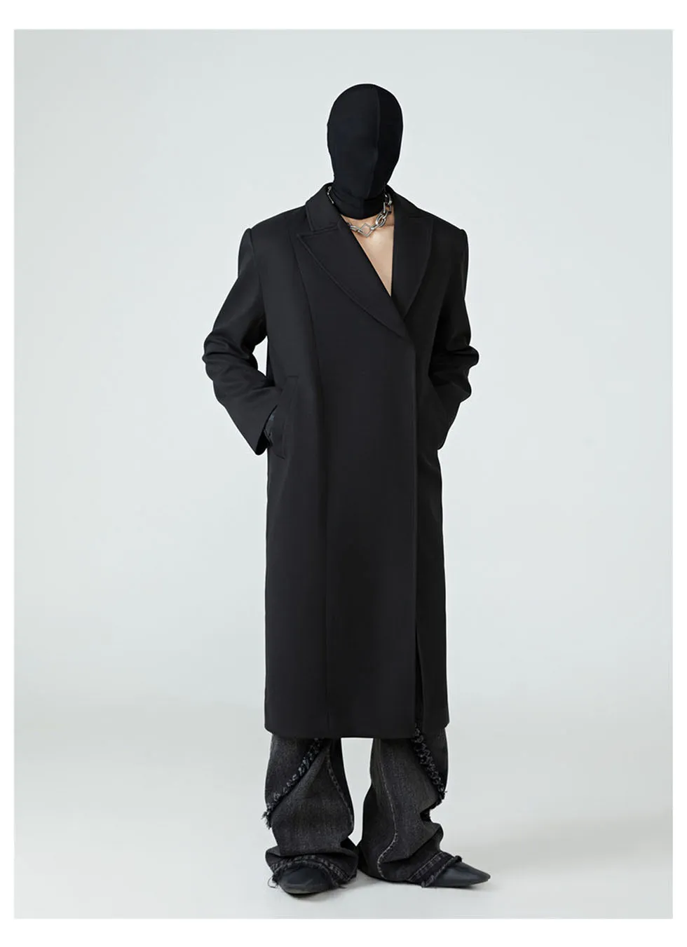 Slant collar mid-length wool coat