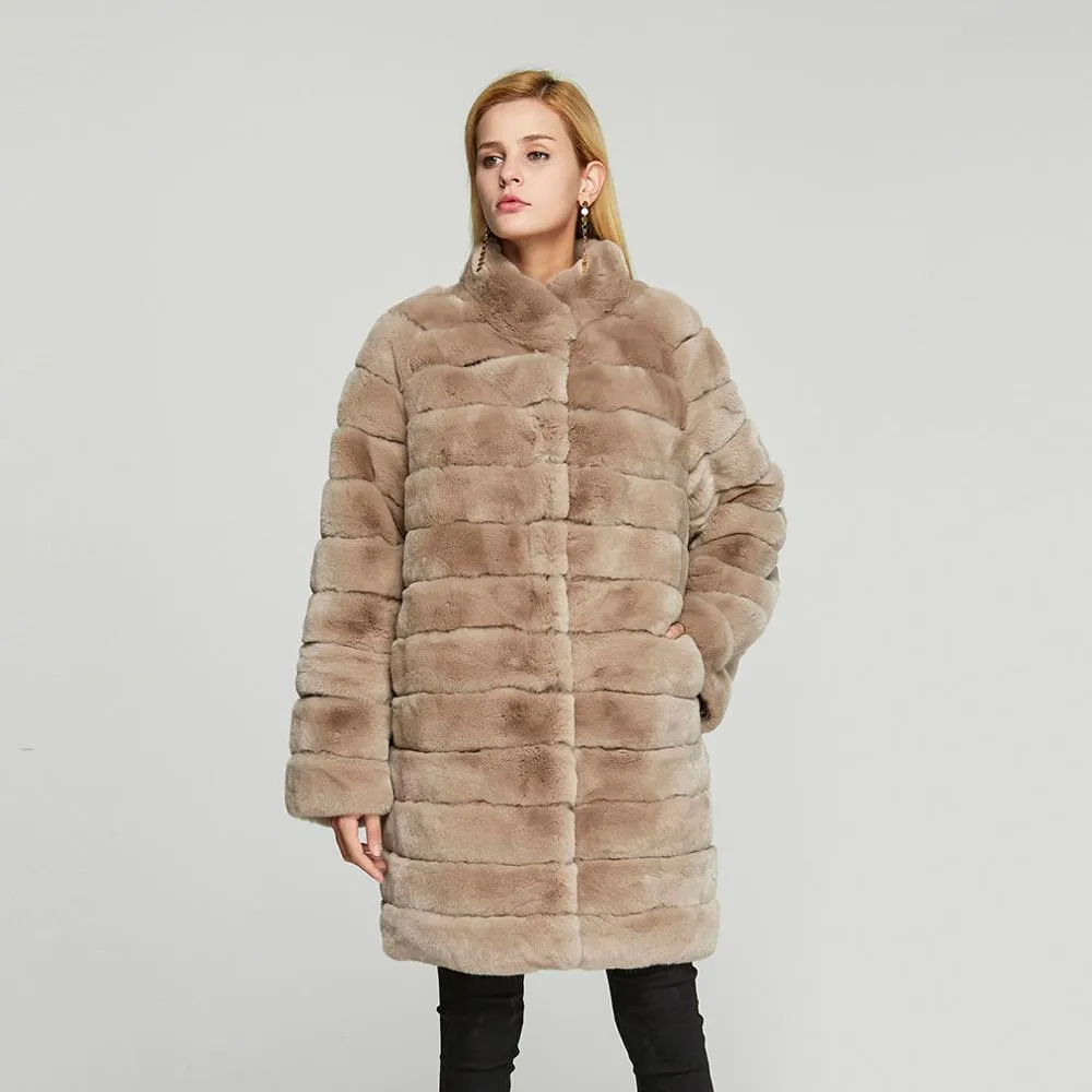 Women's Genuine Rabbit Fur Coat Women Stand-up Collar Long Women Jacket 18126