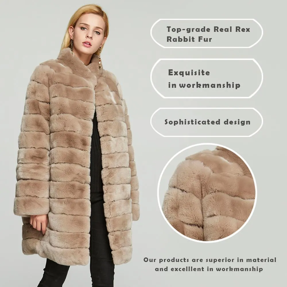 Women's Genuine Rabbit Fur Coat Women Stand-up Collar Long Women Jacket 18126