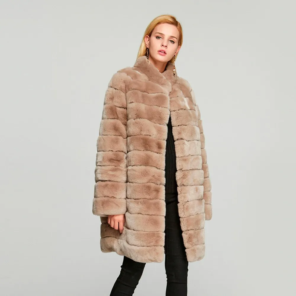 Women's Genuine Rabbit Fur Coat Women Stand-up Collar Long Women Jacket 18126